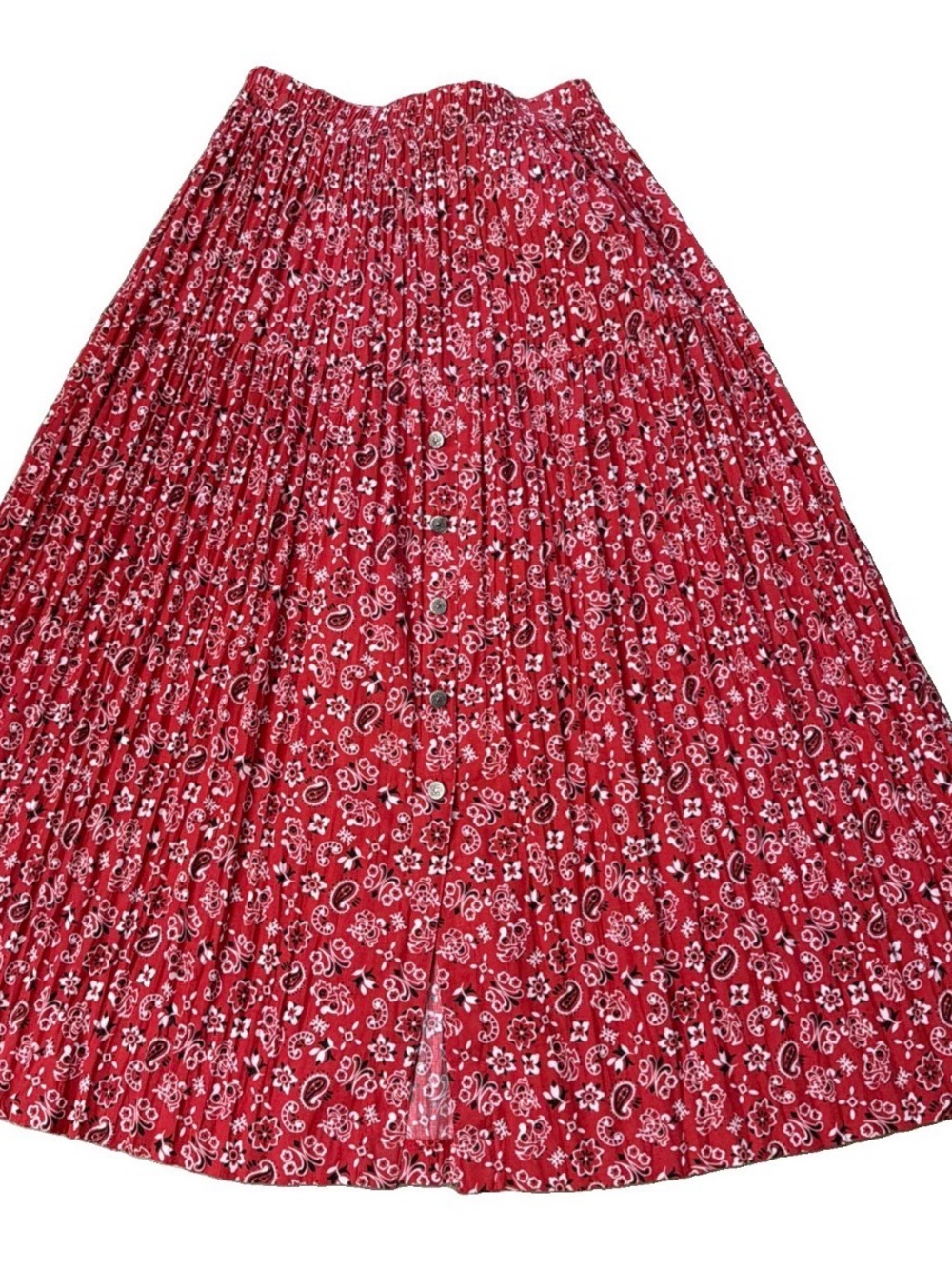 Vintage 90’sred bandanna print Accordion pleated Tiered Button-Front Maxi Skirt - Picture 3 of 7